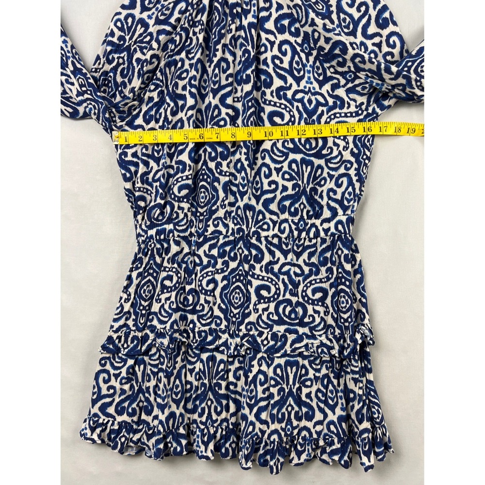 Zara Mini Dress Womens Medium Blue White Ikat Damask Ruffle Balloon Sleeve Boho - Picture 6 of 11